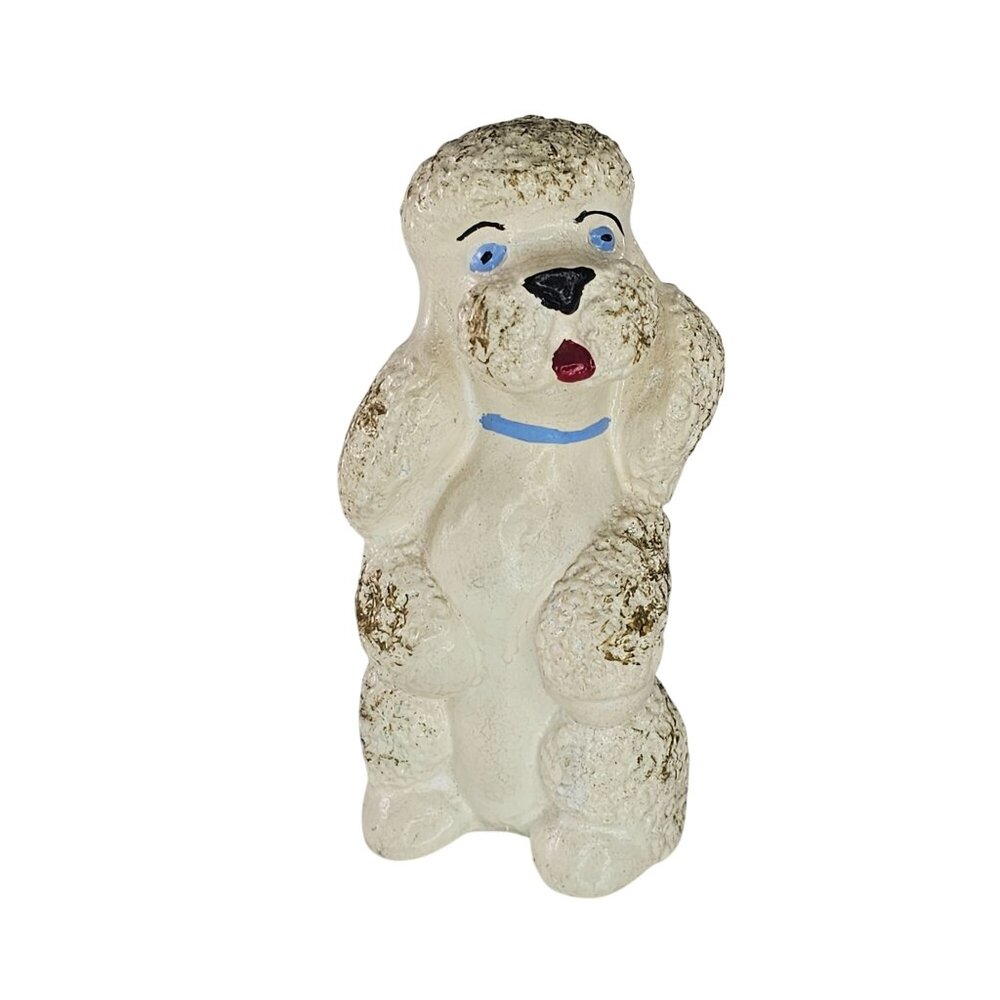 Vintage Chalkware Poodle Figurine White Blue Collar Hand Painted